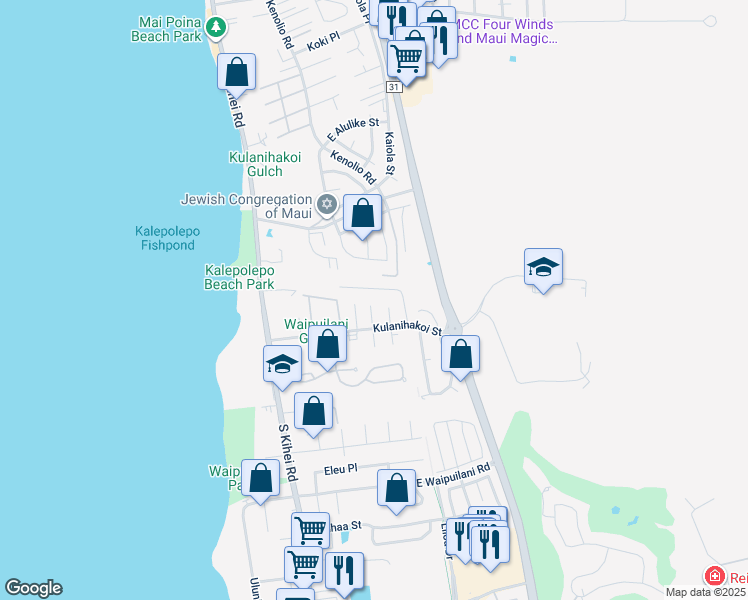 map of restaurants, bars, coffee shops, grocery stores, and more near 36 Waikalani Place in Kihei