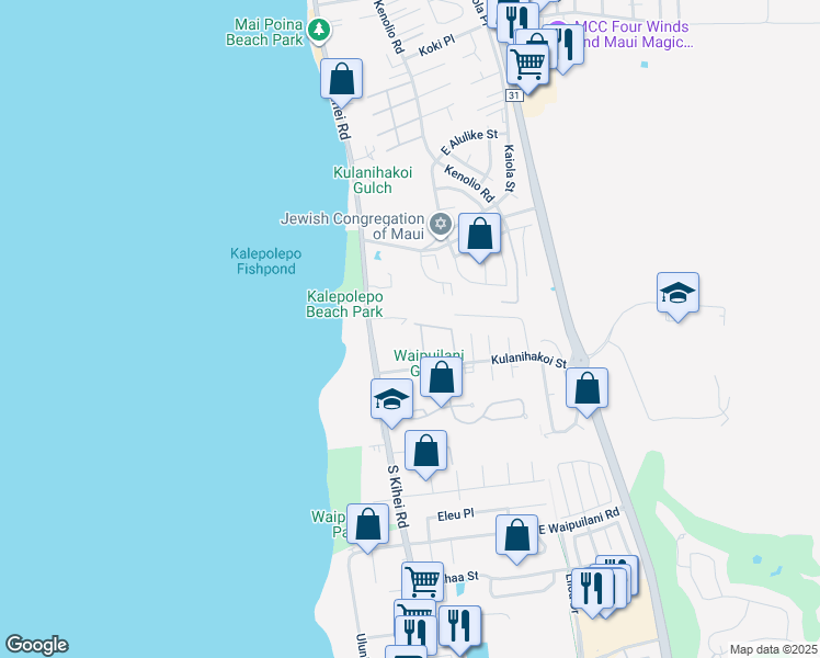 map of restaurants, bars, coffee shops, grocery stores, and more near 15 Kulanihakoi Street in Kihei