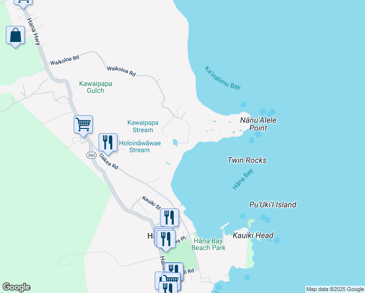 map of restaurants, bars, coffee shops, grocery stores, and more near 148 Waikoloa Road in Hana