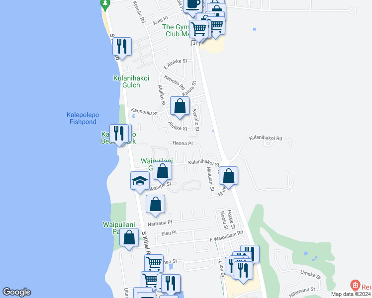 map of restaurants, bars, coffee shops, grocery stores, and more near 36 Waikalani Place in Kihei