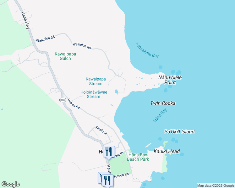 map of restaurants, bars, coffee shops, grocery stores, and more near 171 Waikoloa Road in Hana