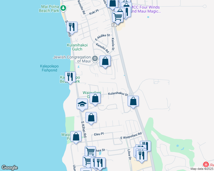 map of restaurants, bars, coffee shops, grocery stores, and more near 39 Hakoi Place in Kihei
