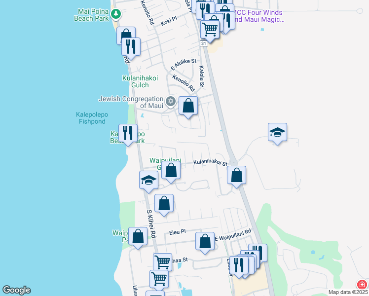 map of restaurants, bars, coffee shops, grocery stores, and more near 46 Alania Place in Kihei