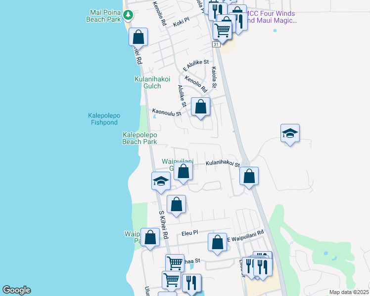 map of restaurants, bars, coffee shops, grocery stores, and more near 15 Kulanihakoi Street in Kihei