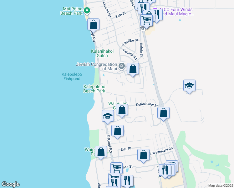 map of restaurants, bars, coffee shops, grocery stores, and more near 15 Kulanihakoi Street in Kihei