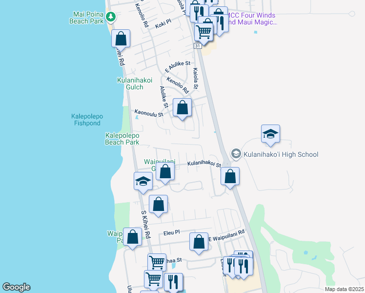 map of restaurants, bars, coffee shops, grocery stores, and more near 35 Heona Place in Kihei