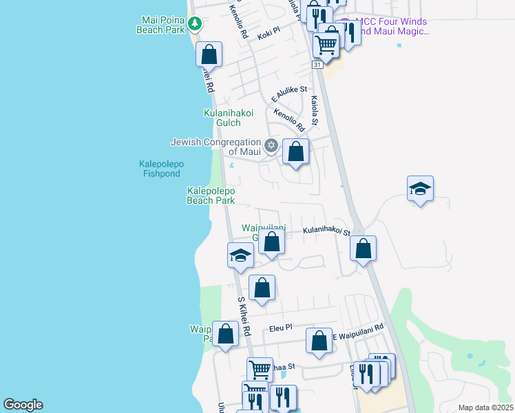 map of restaurants, bars, coffee shops, grocery stores, and more near 15 Kulanihakoi Street in Kihei