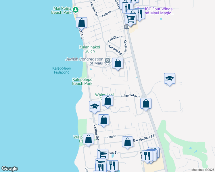 map of restaurants, bars, coffee shops, grocery stores, and more near 15 Kulanihakoi Street in Kihei