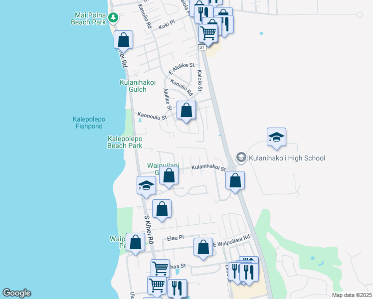 map of restaurants, bars, coffee shops, grocery stores, and more near 35 Heona Place in Kihei