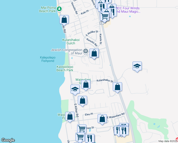 map of restaurants, bars, coffee shops, grocery stores, and more near 55 Heona Place in Kihei