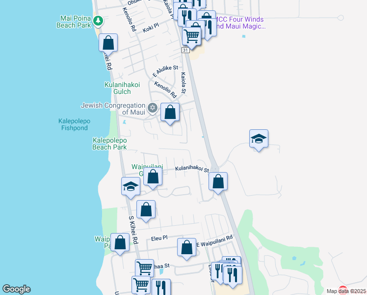 map of restaurants, bars, coffee shops, grocery stores, and more near 14 Heona Place in Kihei