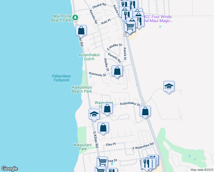 map of restaurants, bars, coffee shops, grocery stores, and more near 80 Halili Lane in Kihei