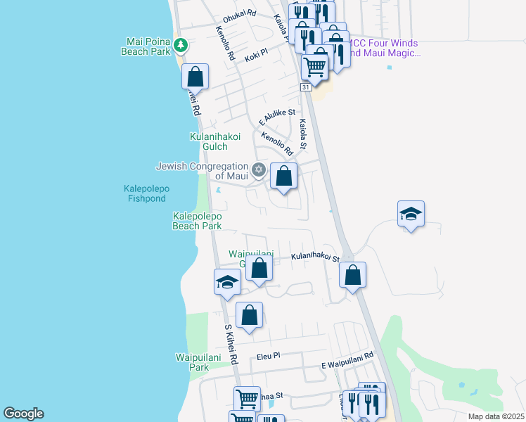 map of restaurants, bars, coffee shops, grocery stores, and more near 80 Halili Lane in Kihei