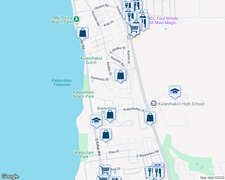 map of restaurants, bars, coffee shops, grocery stores, and more near 50 Halili Lane in Kihei