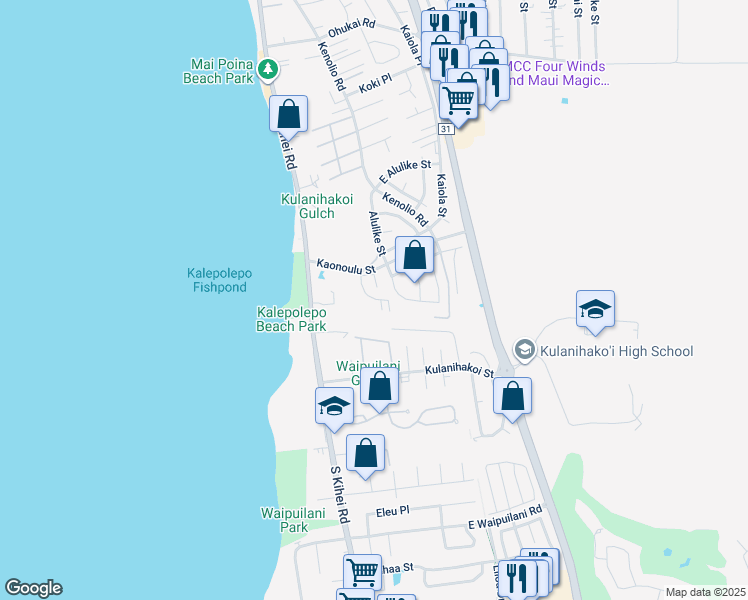 map of restaurants, bars, coffee shops, grocery stores, and more near 40 Halili Lane in Kihei