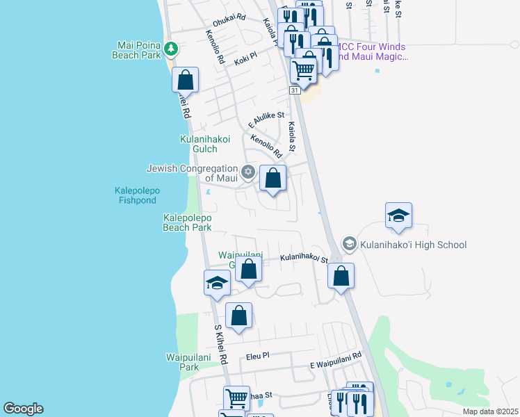 map of restaurants, bars, coffee shops, grocery stores, and more near 710 Alulike Street in Kihei