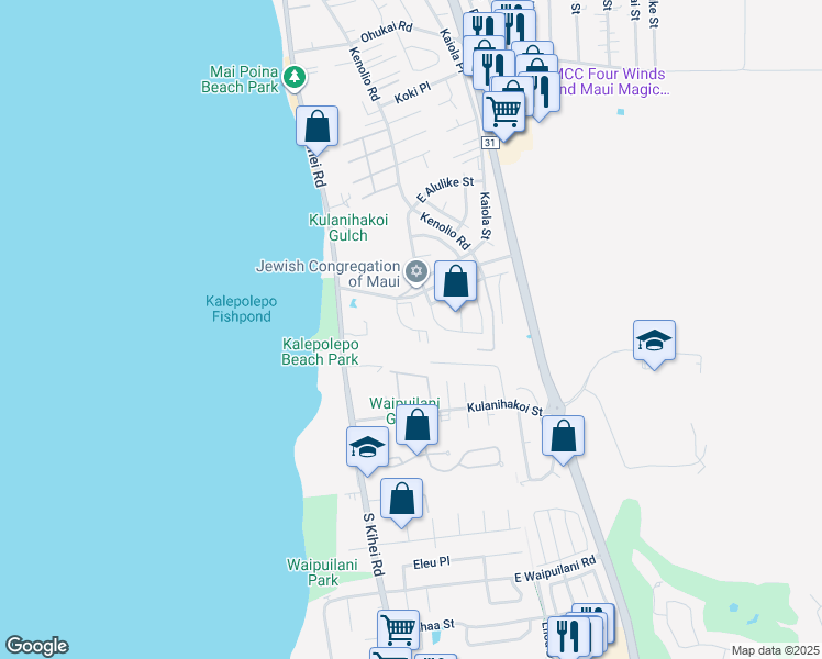 map of restaurants, bars, coffee shops, grocery stores, and more near 70 Halili Lane in Kihei