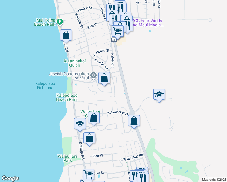map of restaurants, bars, coffee shops, grocery stores, and more near 725 Malimali Street in Kihei