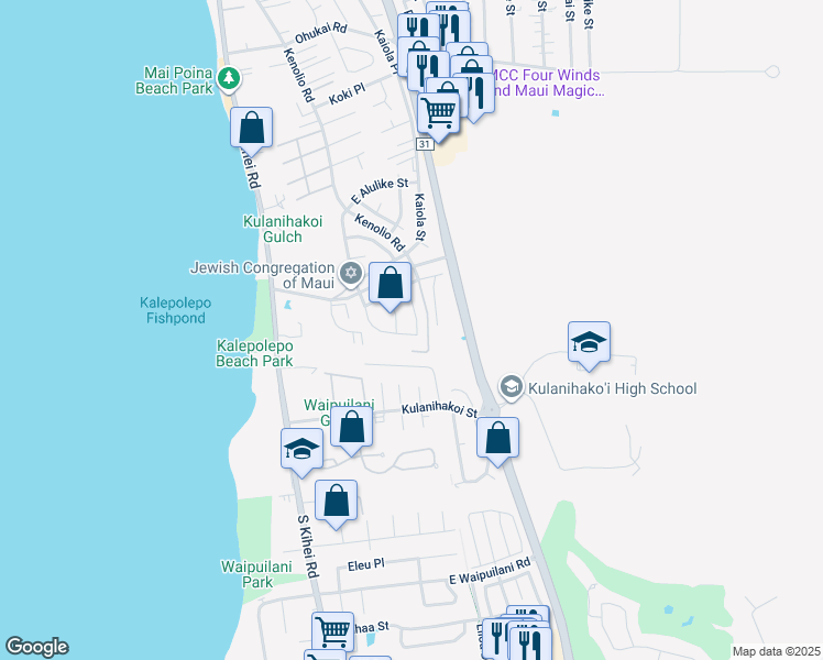 map of restaurants, bars, coffee shops, grocery stores, and more near 722 Malimali Street in Kihei