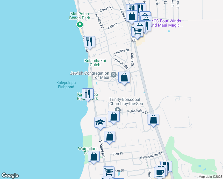 map of restaurants, bars, coffee shops, grocery stores, and more near 50 Halili Lane in Kihei
