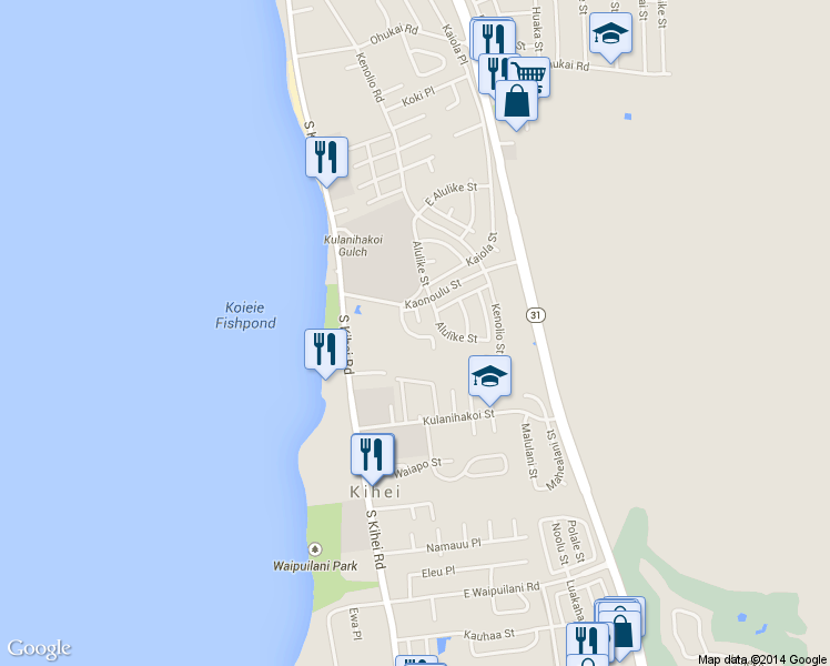 map of restaurants, bars, coffee shops, grocery stores, and more near 45 Halili Lane in Kihei