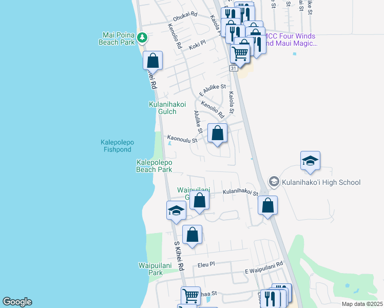 map of restaurants, bars, coffee shops, grocery stores, and more near 50 Halili Lane in Kihei