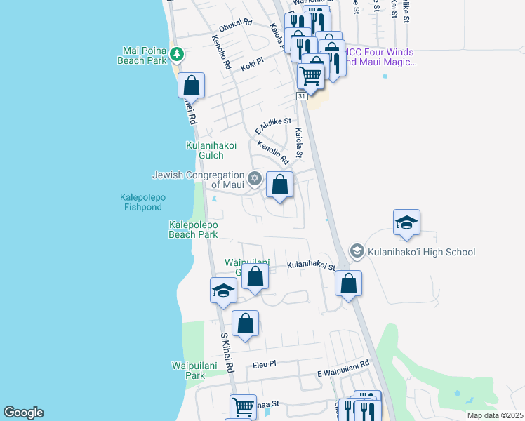 map of restaurants, bars, coffee shops, grocery stores, and more near 698 Alulike Street in Kihei
