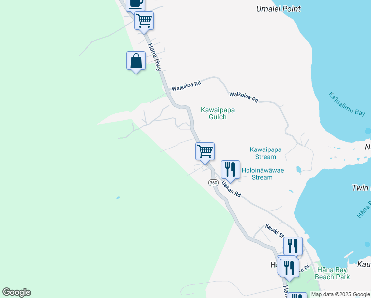 map of restaurants, bars, coffee shops, grocery stores, and more near 4530 Hana Highway in Hana