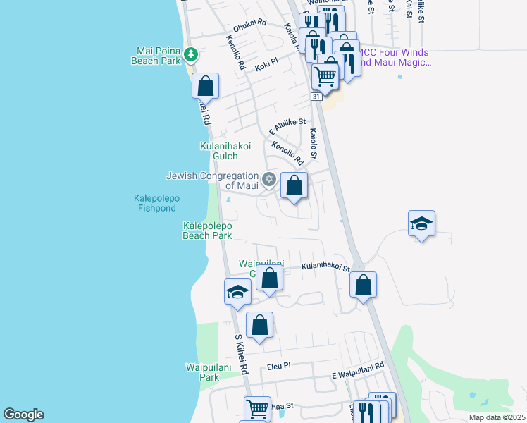 map of restaurants, bars, coffee shops, grocery stores, and more near 55 Halili Lane in Kihei