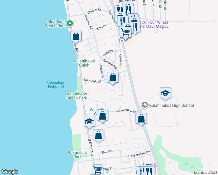map of restaurants, bars, coffee shops, grocery stores, and more near 705 Alulike Street in Kihei