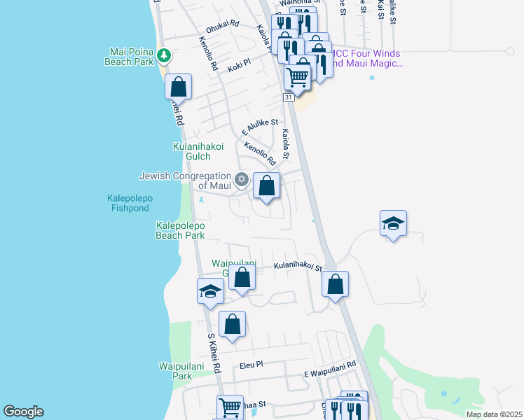 map of restaurants, bars, coffee shops, grocery stores, and more near 713 Alulike Street in Kihei
