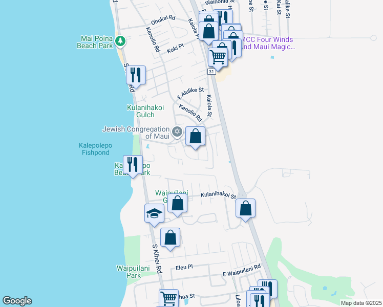 map of restaurants, bars, coffee shops, grocery stores, and more near 713 Alulike Street in Kihei