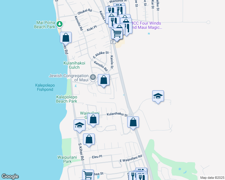 map of restaurants, bars, coffee shops, grocery stores, and more near 711 Malimali Street in Kihei