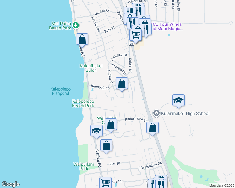 map of restaurants, bars, coffee shops, grocery stores, and more near 705 Alulike Street in Kihei