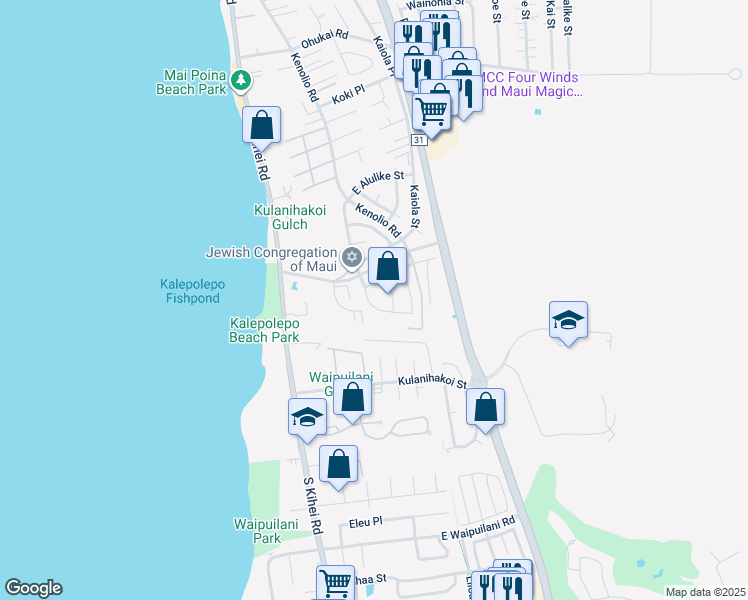 map of restaurants, bars, coffee shops, grocery stores, and more near 705 Alulike Street in Kihei