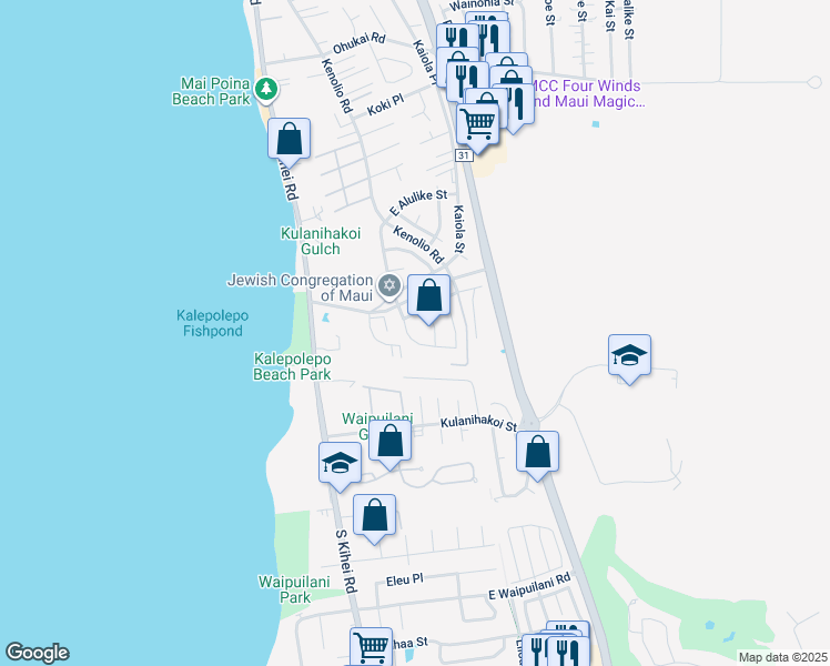 map of restaurants, bars, coffee shops, grocery stores, and more near 705 Alulike Street in Kihei