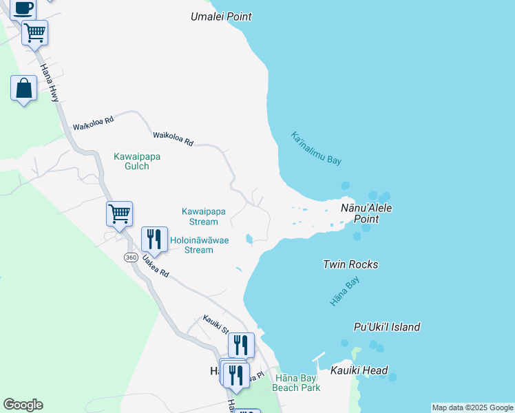 map of restaurants, bars, coffee shops, grocery stores, and more near 171 Waikoloa Road in Hana