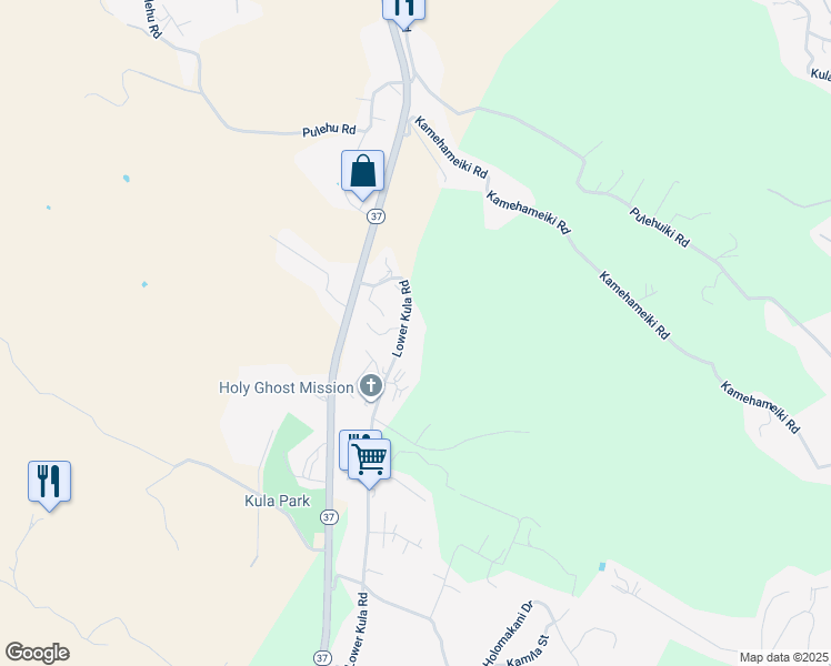 map of restaurants, bars, coffee shops, grocery stores, and more near 4141 Lower Kula Road in Kula