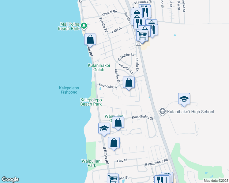 map of restaurants, bars, coffee shops, grocery stores, and more near 45 Halili Lane in Kihei