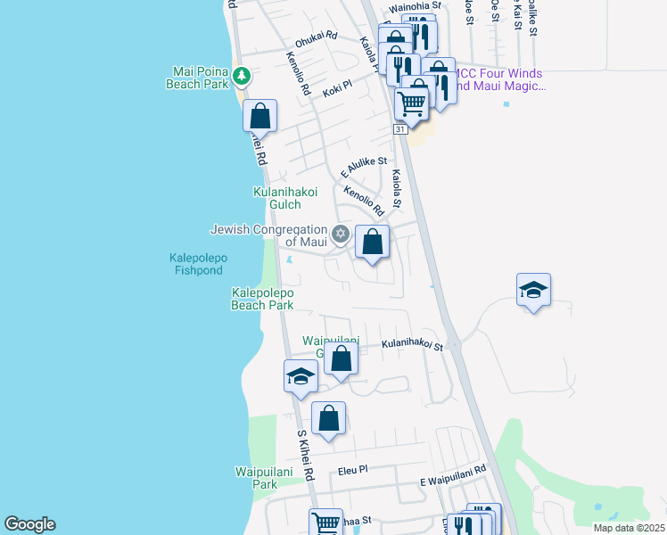 map of restaurants, bars, coffee shops, grocery stores, and more near 45 Halili Lane in Kihei