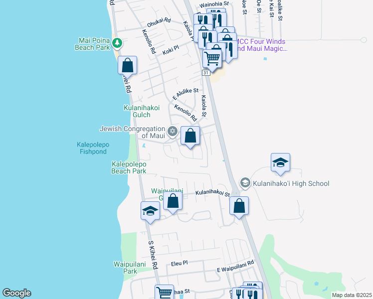 map of restaurants, bars, coffee shops, grocery stores, and more near 695 Alulike Street in Kihei