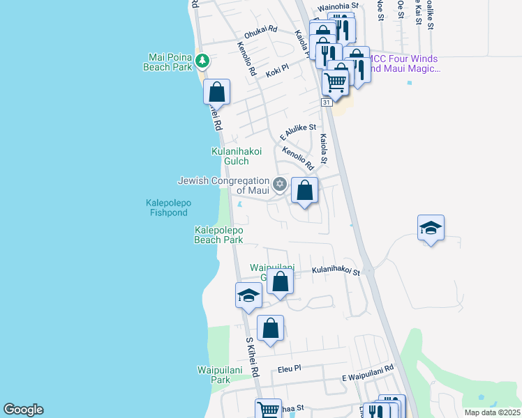 map of restaurants, bars, coffee shops, grocery stores, and more near 20 Halili Lane in Kihei