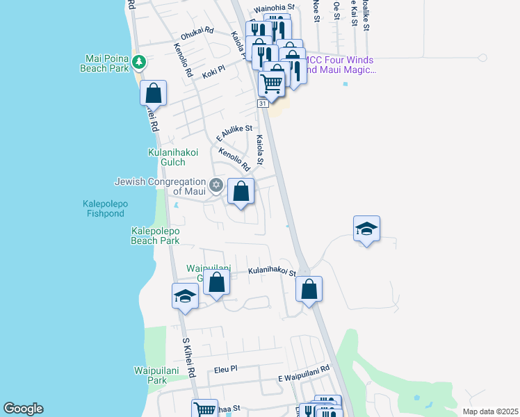 map of restaurants, bars, coffee shops, grocery stores, and more near 695 Malimali Street in Kihei