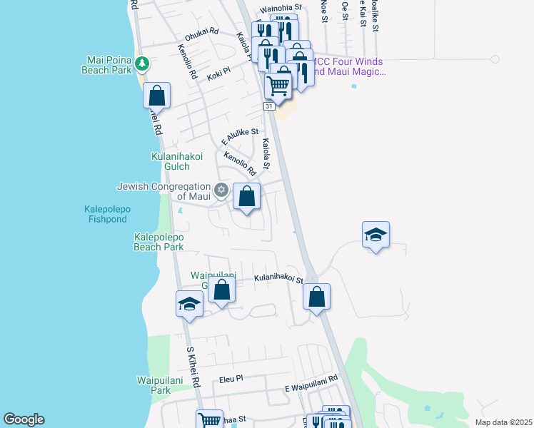 map of restaurants, bars, coffee shops, grocery stores, and more near 695 Malimali Street in Kihei
