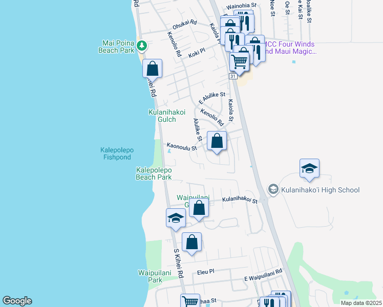 map of restaurants, bars, coffee shops, grocery stores, and more near 65 Halili Lane in Kihei