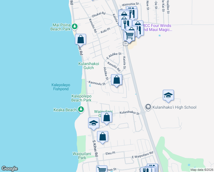 map of restaurants, bars, coffee shops, grocery stores, and more near 25 Apuhihi Lane in Kihei