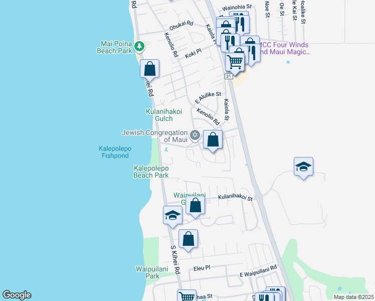 map of restaurants, bars, coffee shops, grocery stores, and more near 25 Apuhihi Lane in Kihei
