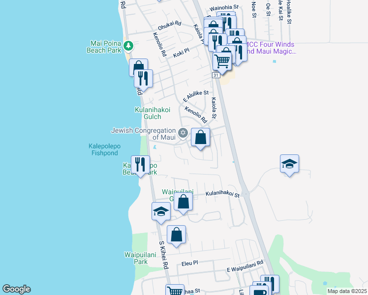 map of restaurants, bars, coffee shops, grocery stores, and more near 15 Apuhihi Lane in Kihei