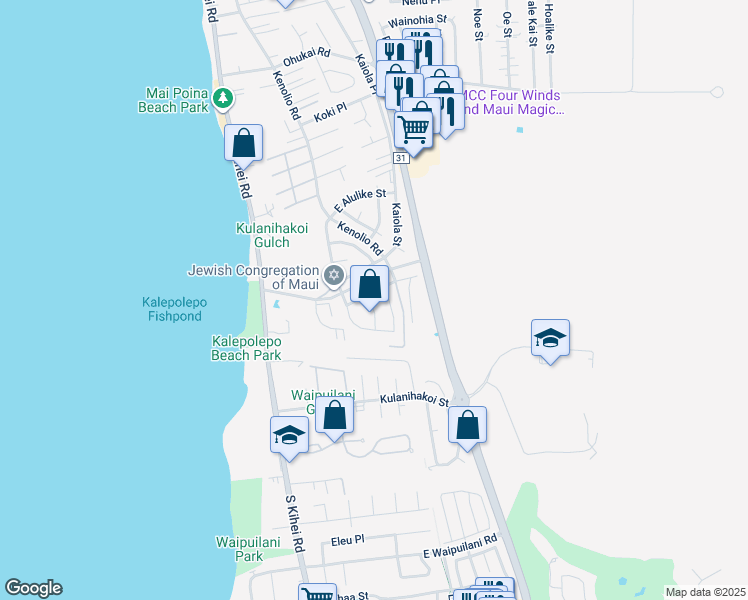 map of restaurants, bars, coffee shops, grocery stores, and more near 156 Hoopili Akau Street in Kihei