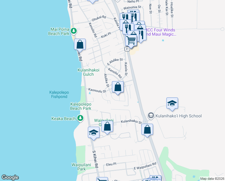 map of restaurants, bars, coffee shops, grocery stores, and more near 131 Hoopili Akau Street in Kihei